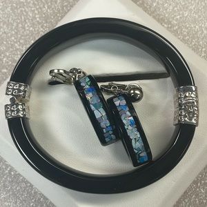 Jay King Black Agate Micro Opal Mosaic Inlay Hinged Bangle Bracelet + Earrings